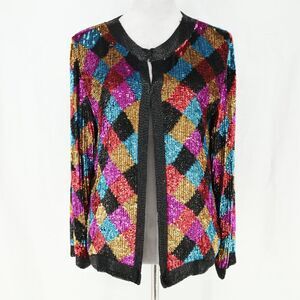 Scala Jacket Womens Medium Silk Black Blue Pink Sequin Lined Beads Party Vtg